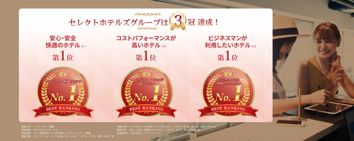 セレクトホテルズグループ 日本マーケティング機構調べ 3部門第1位受賞のお知らせ